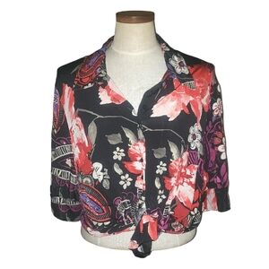 Elena Miro Tropical Botanical Floral Rhinestone Button Front Collared Blouse 2XL
